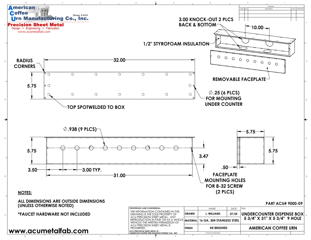 Under Counter Dispense Box | 31 Inch | 9 Holes