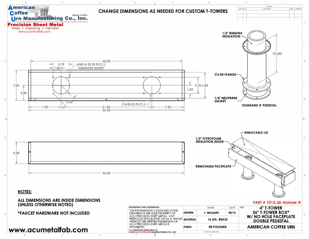 Draft Beer T-Tower |Double Pedestal| 36" Box| No Faucet Holes| Brass