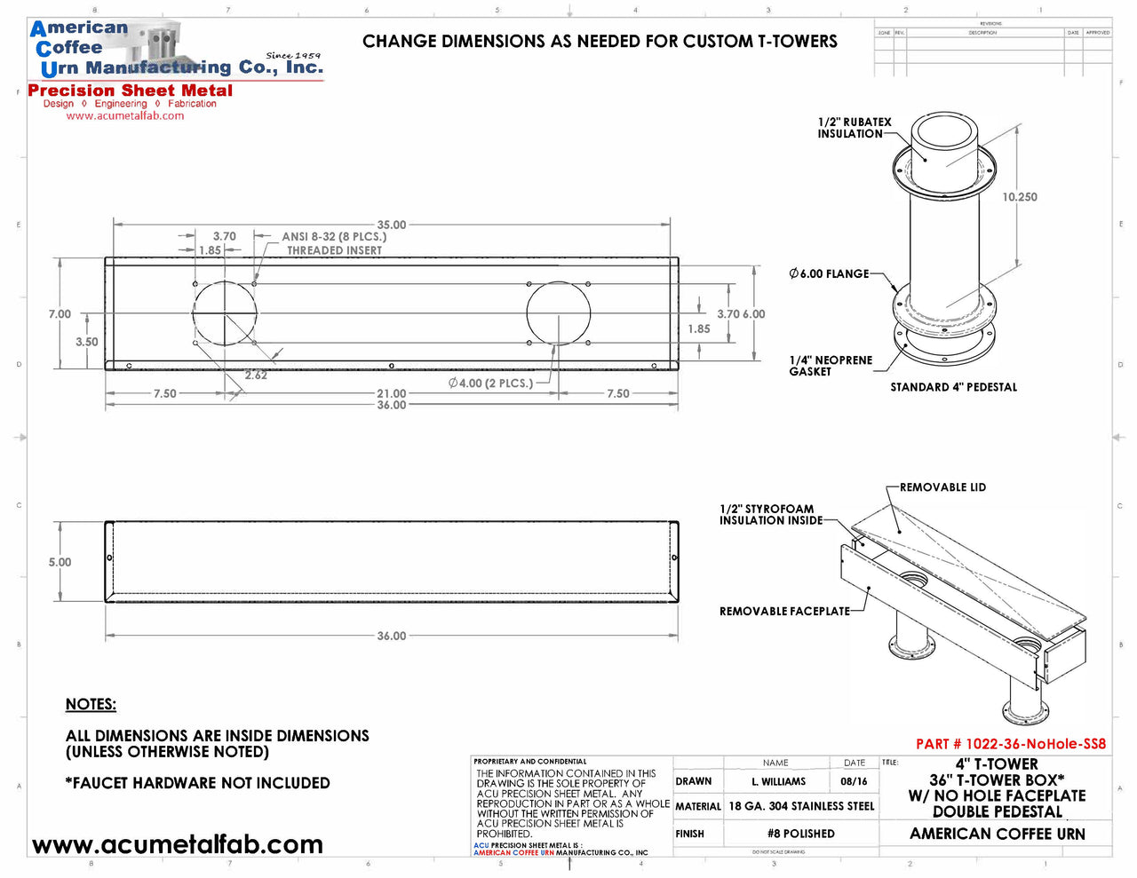 Draft Beer T-Tower | 4" Double Pedestal | 36" Box | No Hole Face Plate | SS # 8