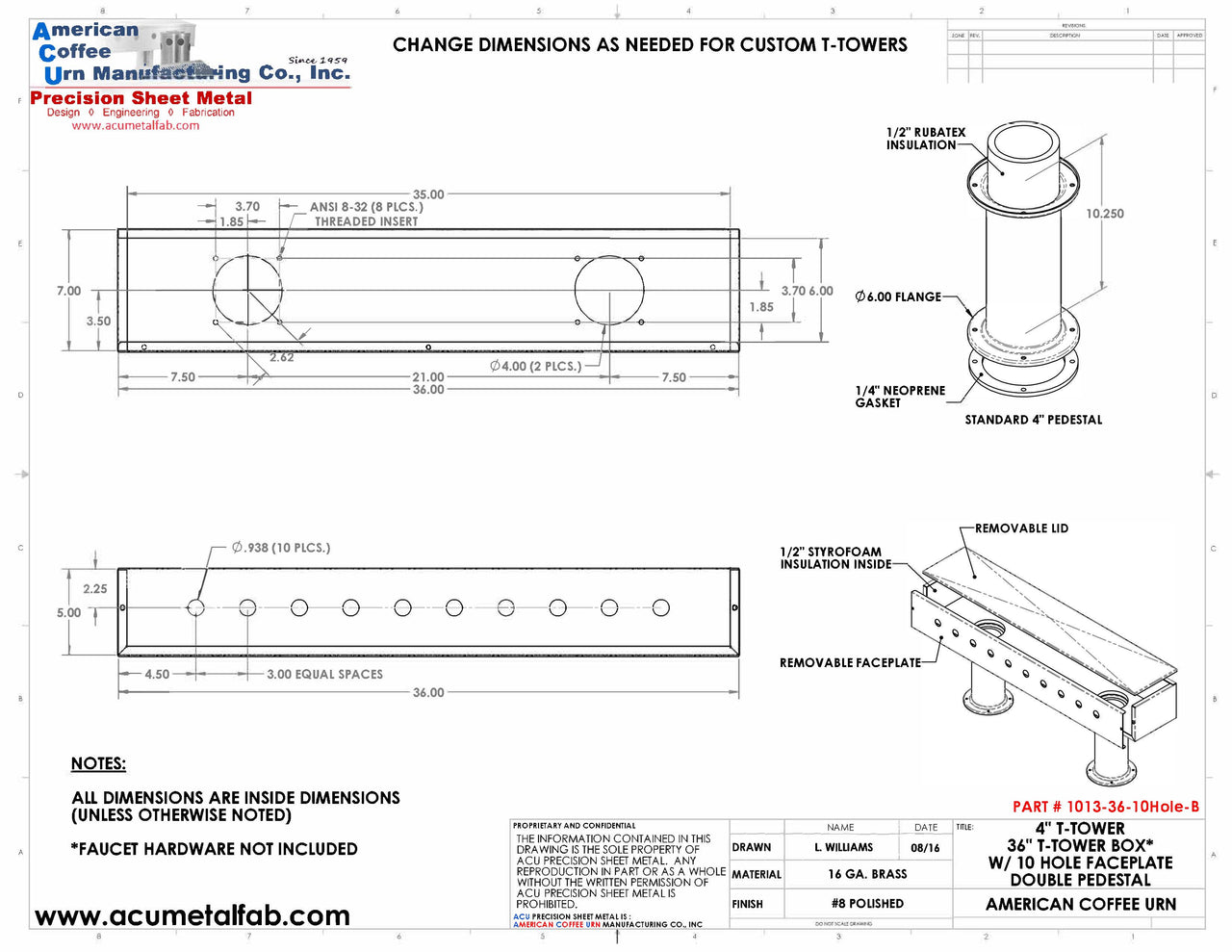 Draft Beer T-Tower |Double Pedestal| 36" Box| 10 Faucet Holes| Brass