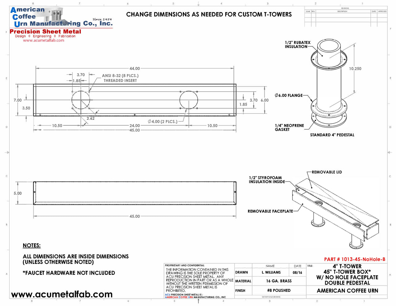 Draft Beer T-Tower |Double Pedestal| 45" Box| No Faucet Holes| Brass