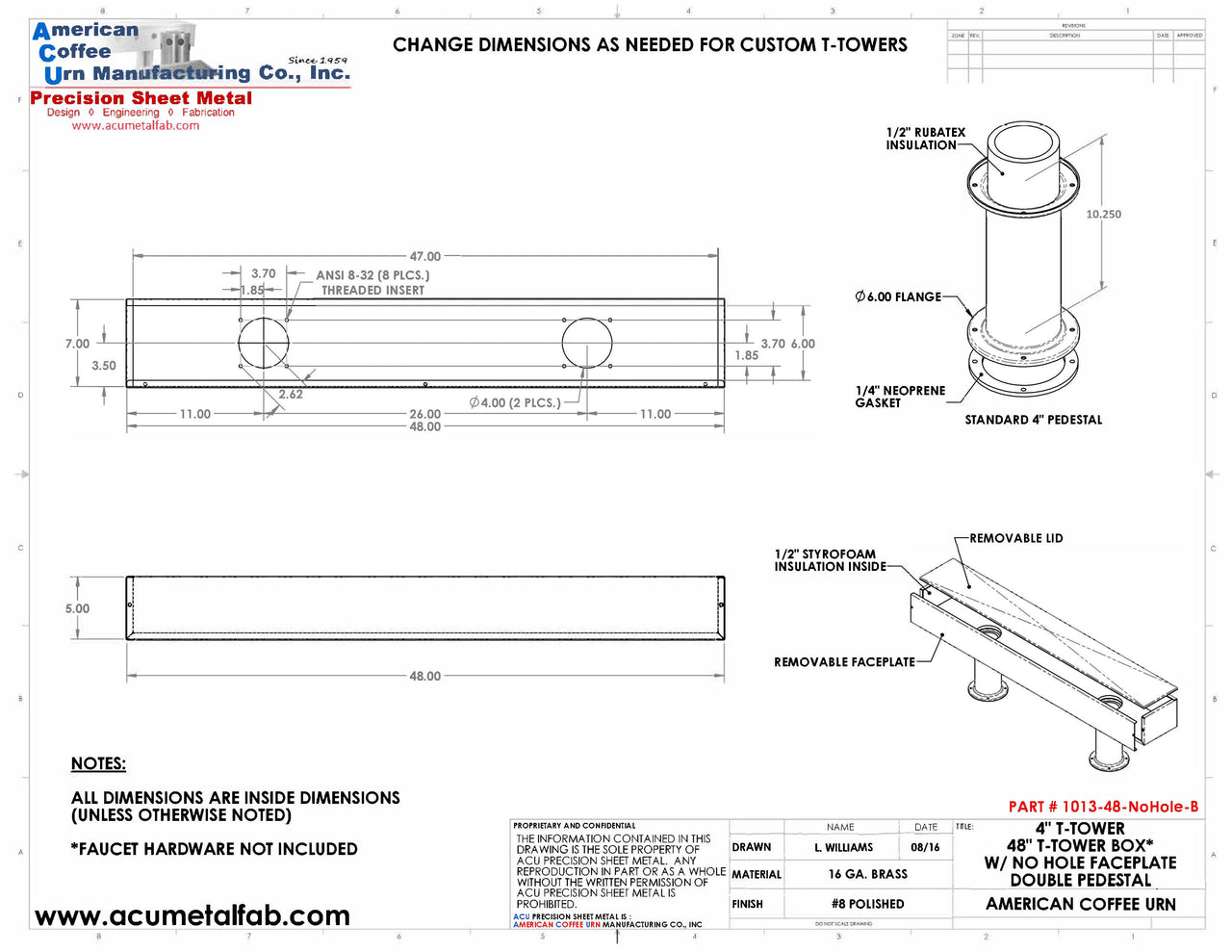 Draft Beer T-Tower | Double Pedestal | 48" Box | No Faucet Holes | Brass