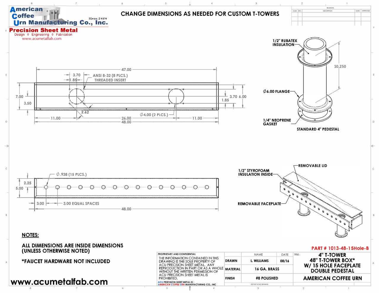 Draft Beer T-Tower |Double Pedestal| 48" Box| 15 Faucet Holes | Brass