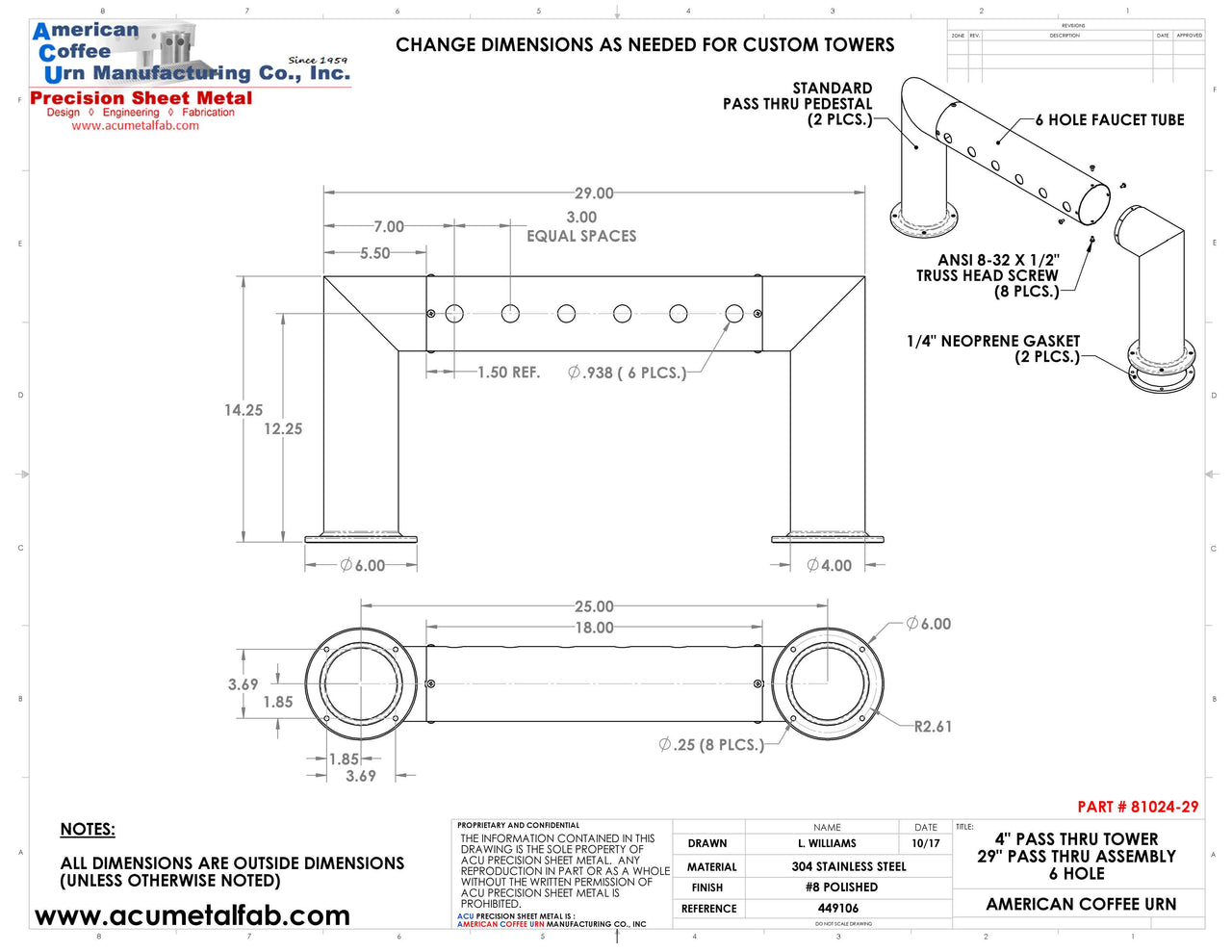 Modular Draft Beer Pass Thru Tower | 6 Faucet Holes | 29" Long | S/S # 8