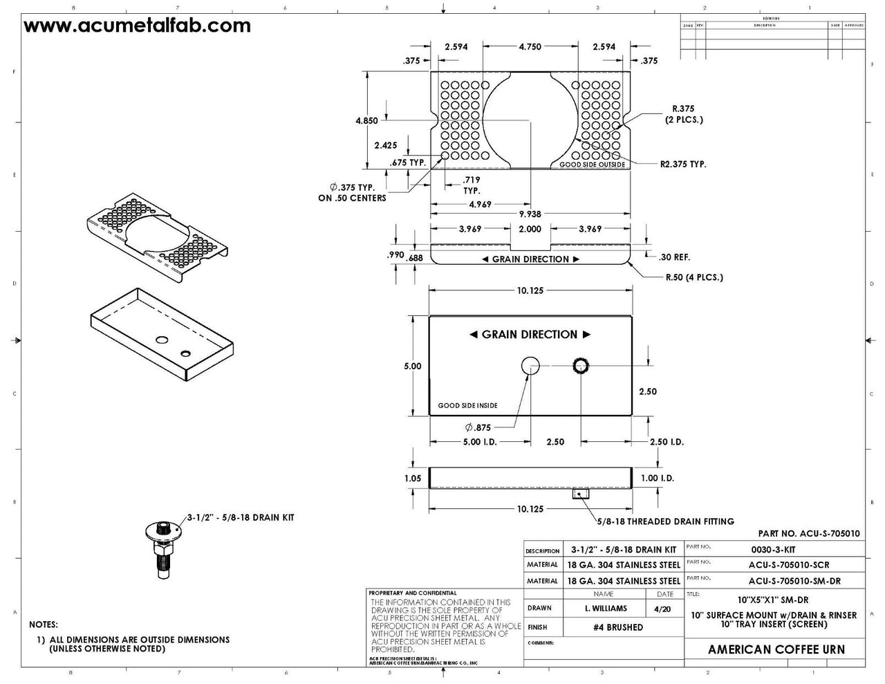 5" X 10" Surface Mount Drip Tray with Drain and Rinser Hole | S/S#4