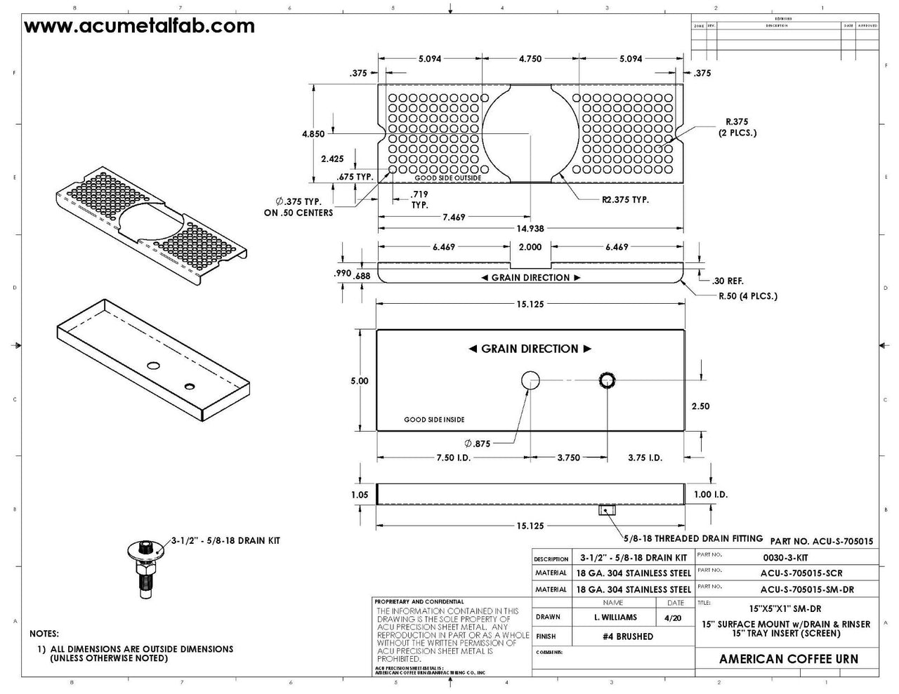 5" X 15" Surface Mount Drip Tray with Drain and Rinser Hole | S/S#4