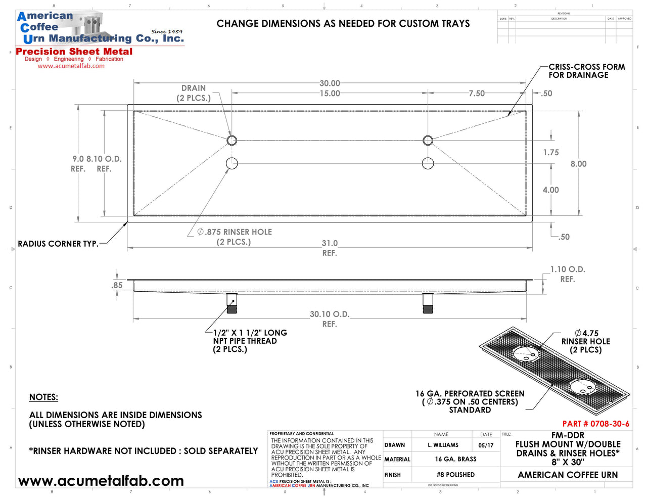 Flush Mount w/ Double Drain and Double Rinser Holes 8" X 30" X ¾" Drip Tray | Recessed | Brass