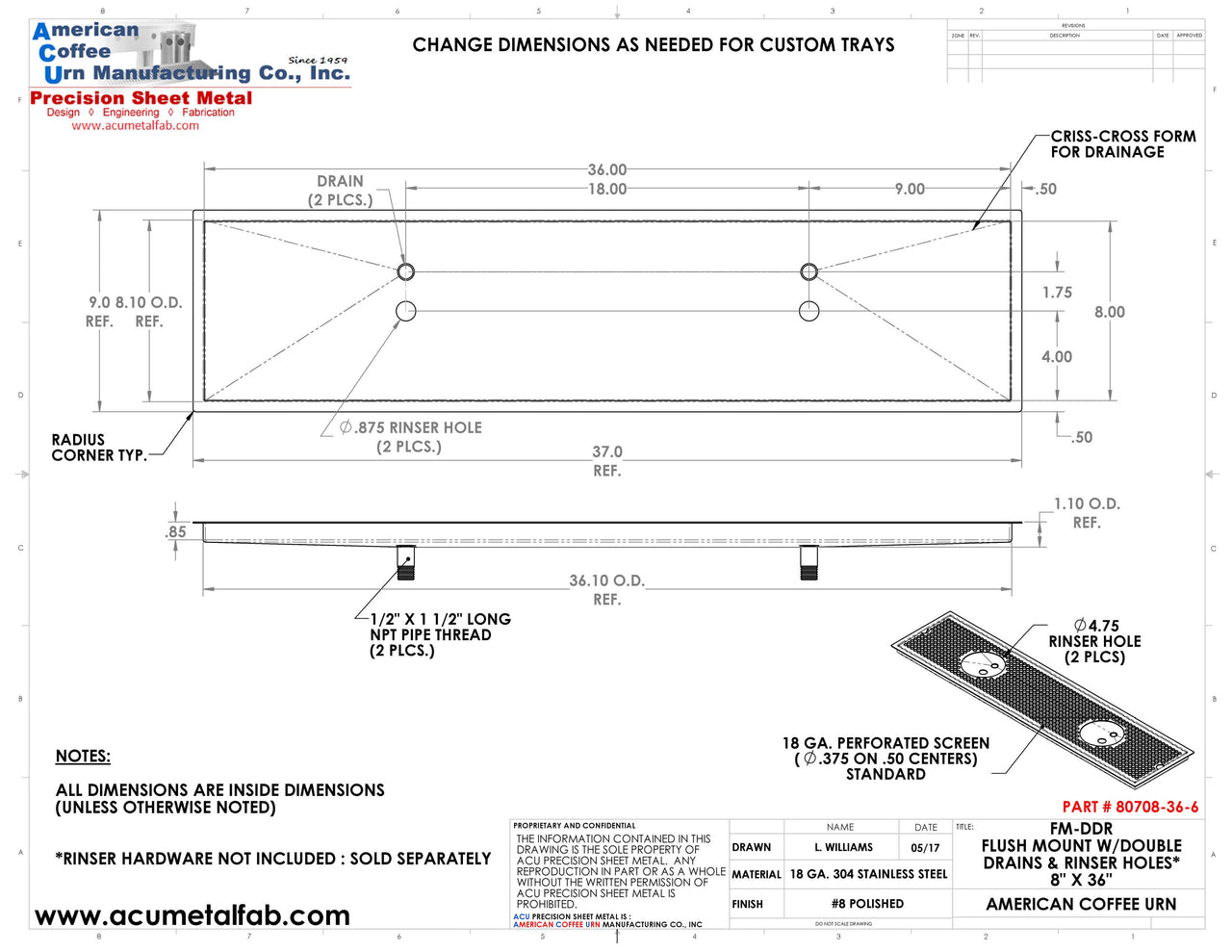 Flush Mount w/ Double Drain and Double Rinser Holes 8" X 36" X ¾" Drip Tray | Recessed | S/S # 8