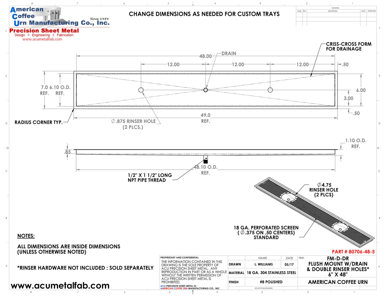 Flush Mount w/ Center Drain and Double Rinser Holes 6" X 48" X ¾" Drip Tray | Recessed | S/S # 8
