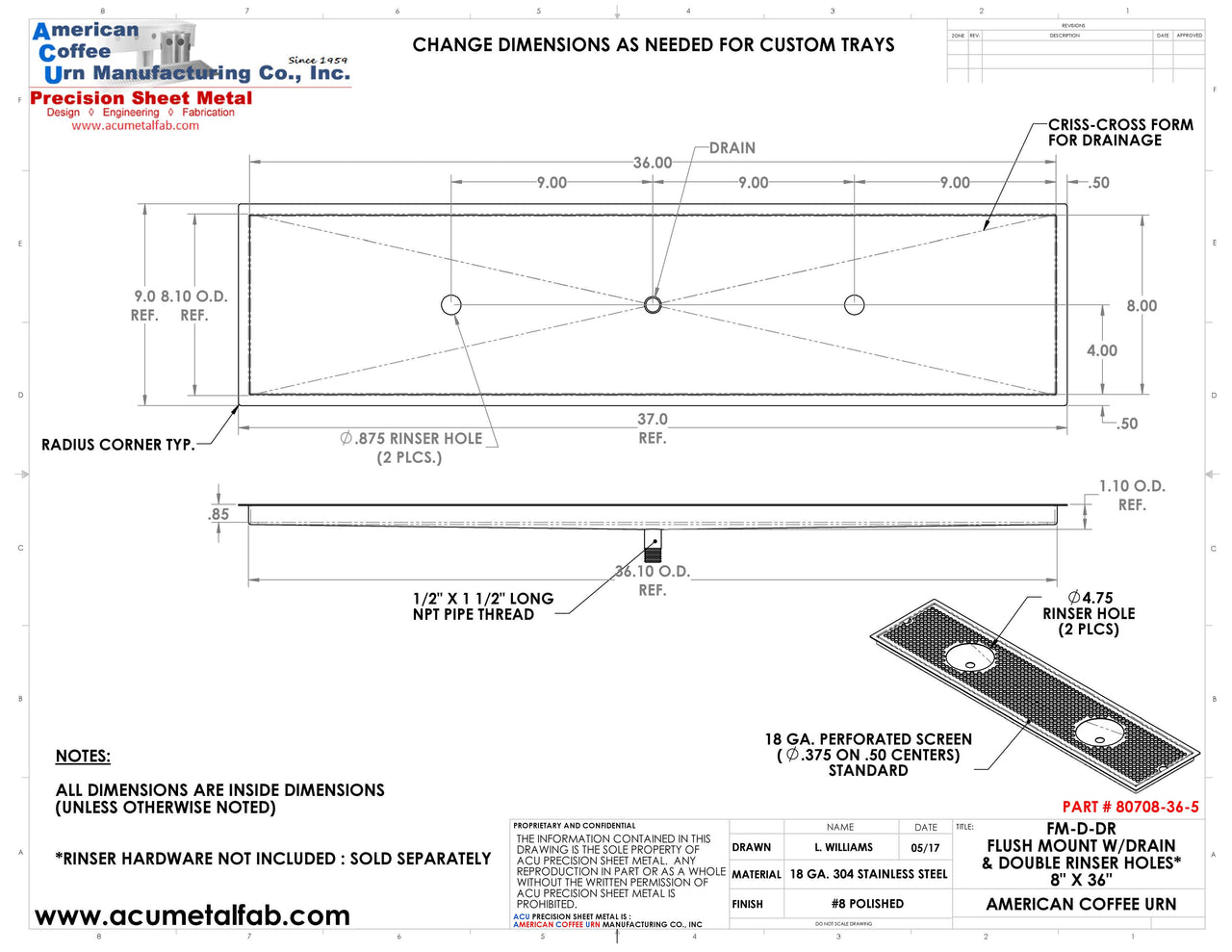 Flush Mount w/ Center Drain and Double Rinser Holes 8" X 36" X ¾" Drip Tray | Recessed | S/S # 8