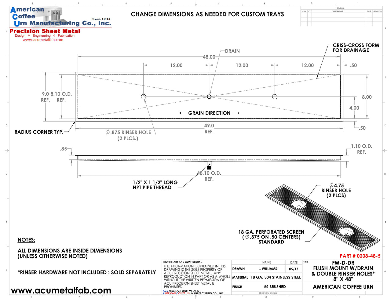 Flush Mount w/ Center Drain and Double Rinser Holes 8" X 48" X ¾" Drip Tray | Recessed | S/S # 4