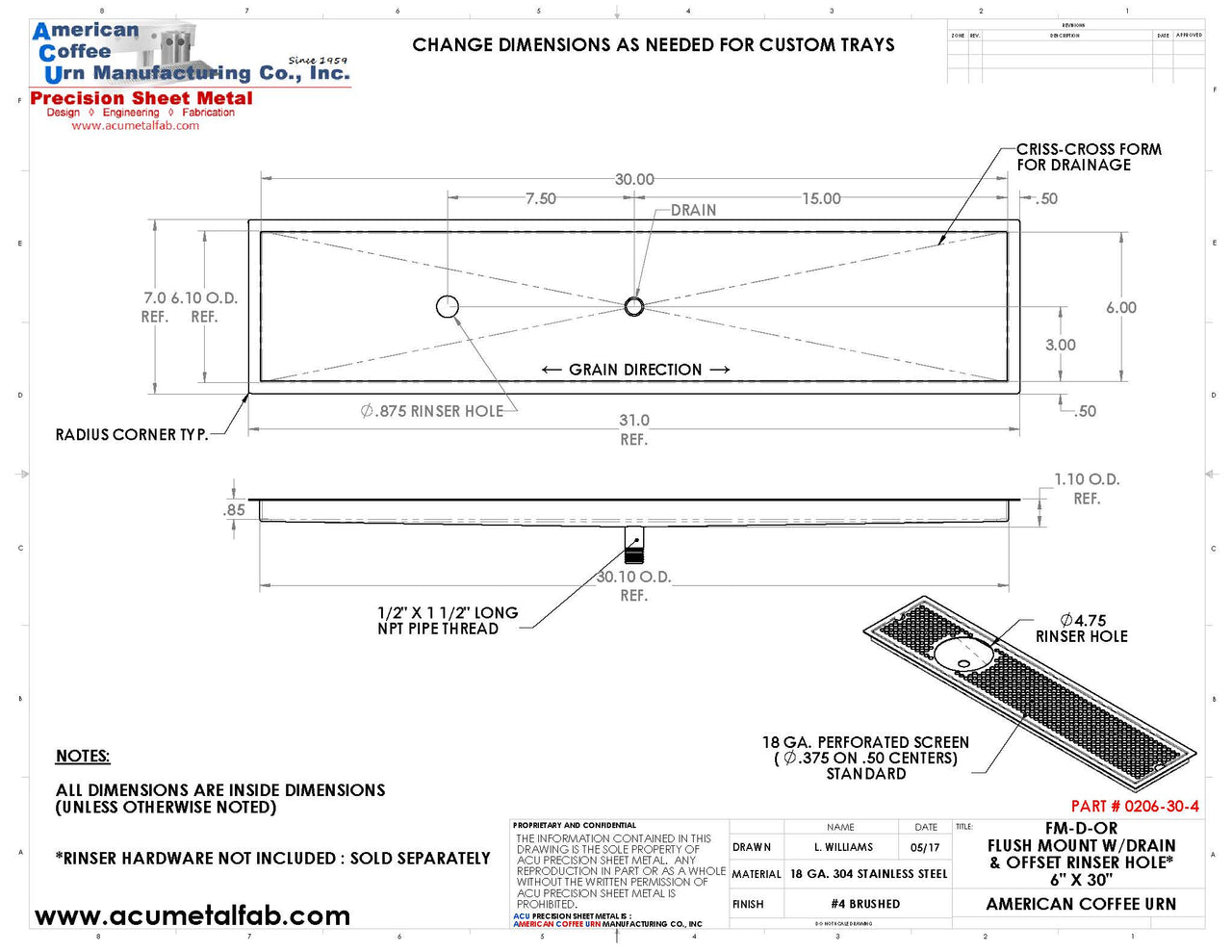 Flush Mount w/ Center Drain and Offset Rinser Hole 6" X 30" X ¾" Drip Tray | Recessed | S/S # 4