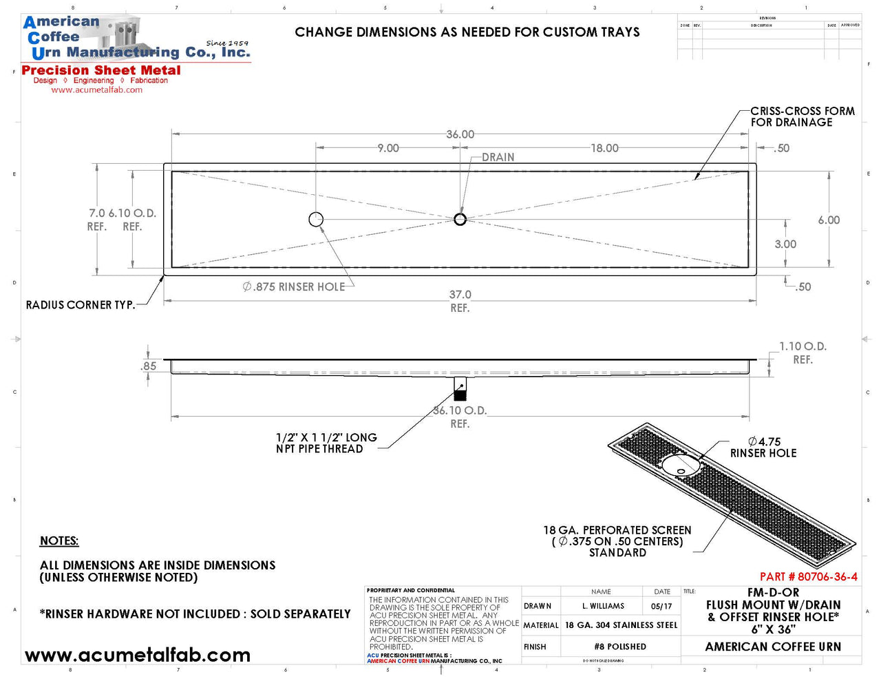 Flush Mount w/ Center Drain and Offset Rinser Hole 6" X 36" X ¾" Drip Tray | Recessed | S/S # 8