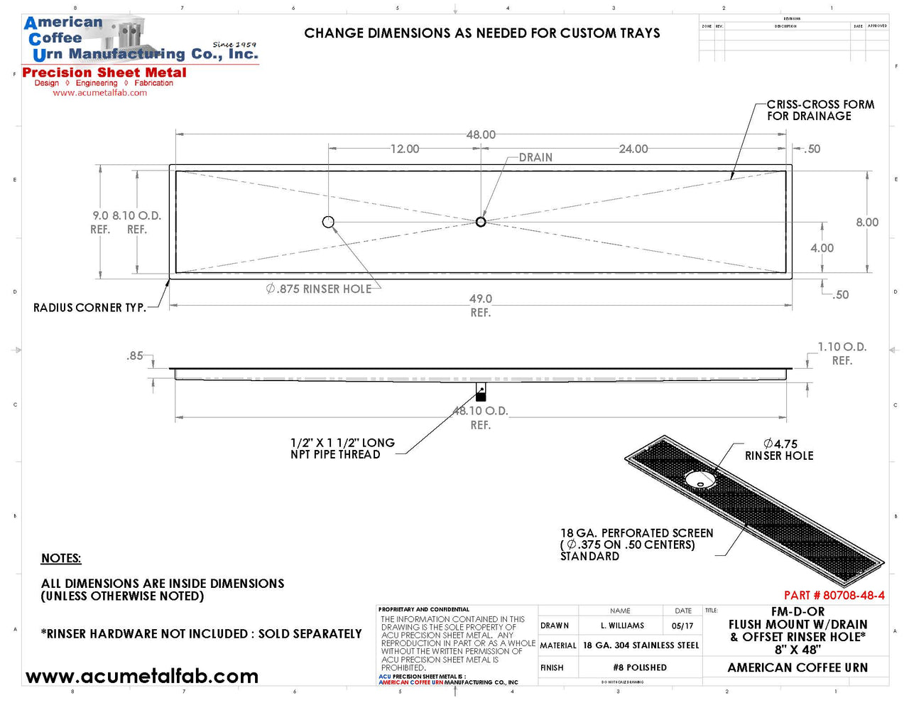 Flush Mount w/ Center Drain and Offset Rinser Hole 8" X 48" X ¾" Drip Tray | Recessed | S/S # 8