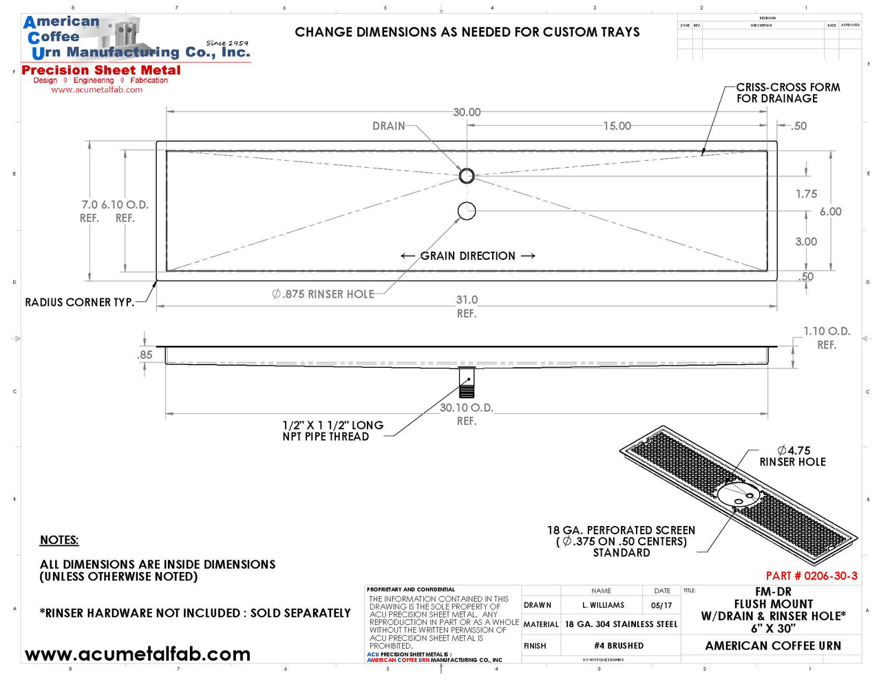 Flush Mount with Rinser Hole 6" X 30" X ¾" Drip Tray | Recessed | S/S # 4