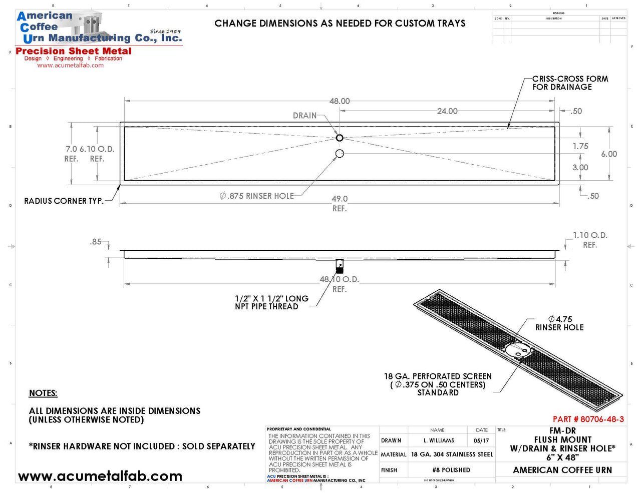 Flush Mount with Rinser Hole 6" X 48" X ¾" Drip Tray | Recessed | S/S # 8