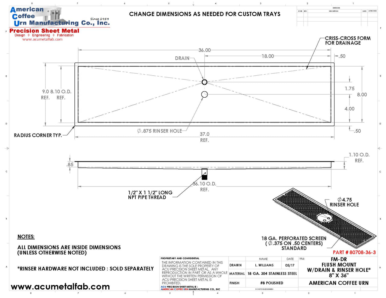 Flush Mount with Rinser Hole 8" X 36" X ¾" Drip Tray | Recessed | S/S # 8