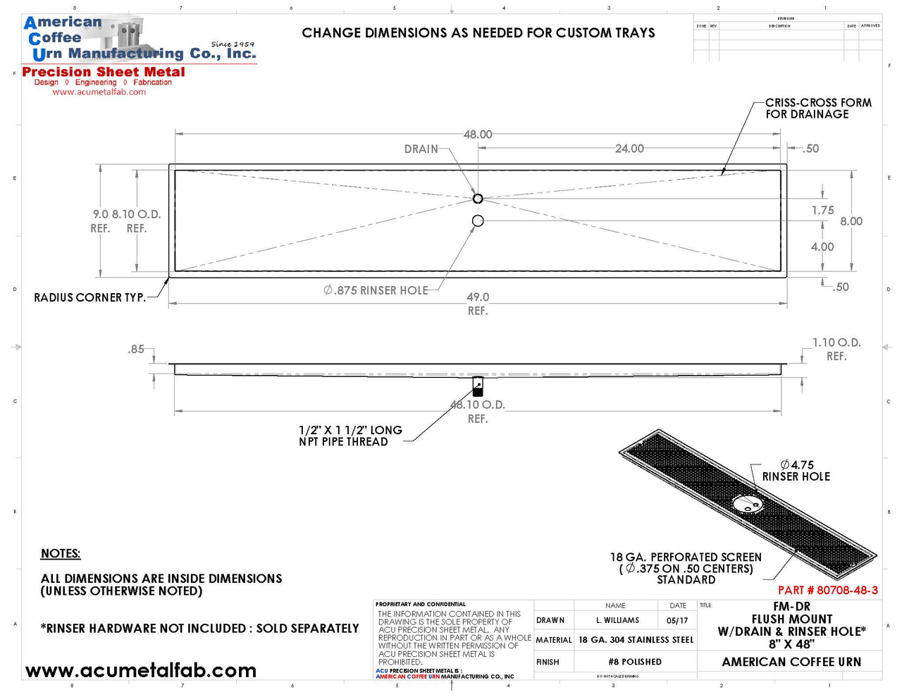 Flush Mount with Rinser Hole 8" X 48" X ¾" Drip Tray | Recessed | S/S # 8