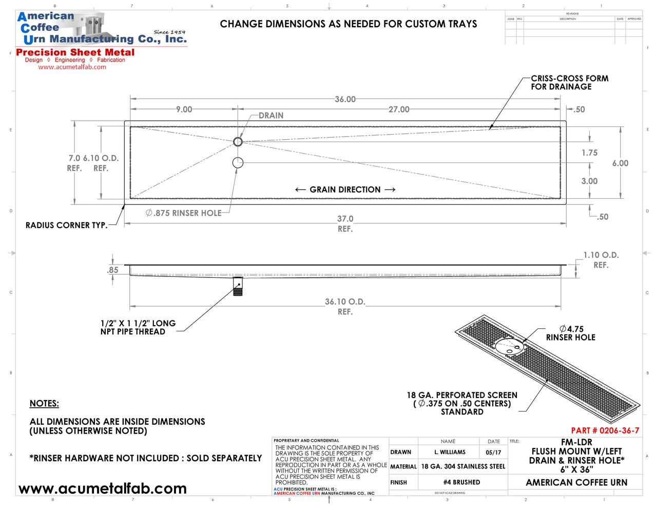 Flush Mount w/ Left Drain and Rinser Hole 6" X 36" X ¾" Drip Tray | Recessed | S/S # 4