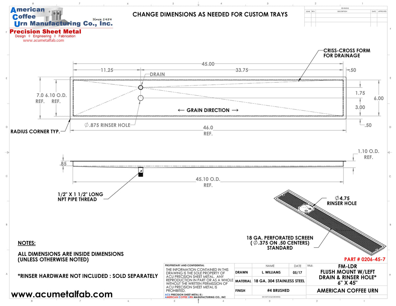 Flush Mount w/ Left Drain and Rinser Hole 6" X 45" X ¾" Drip Tray | Recessed | S/S # 4