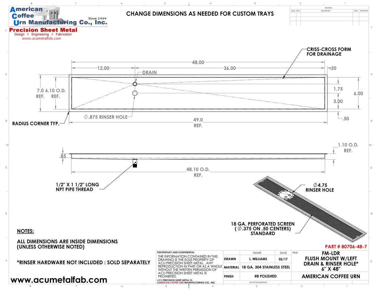 Flush Mount w/ Left Drain and Rinser Hole 6" X 48" X ¾" Drip Tray | Recessed | S/S # 8