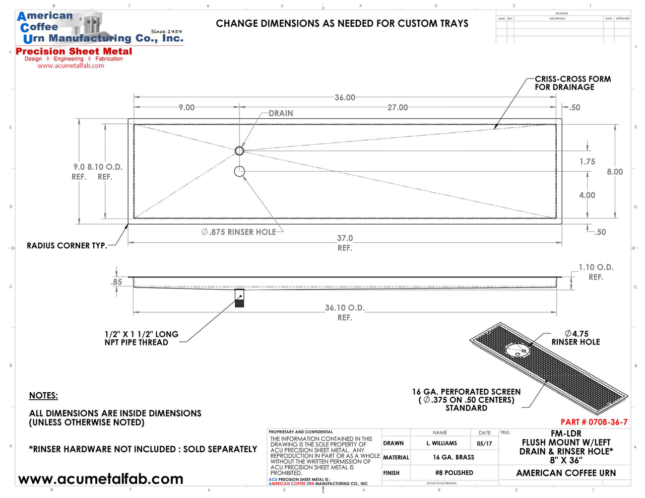 Flush Mount w/ Left Drain and Rinser Hole 8" X 36" X ¾" Drip Tray | Recessed | Brass