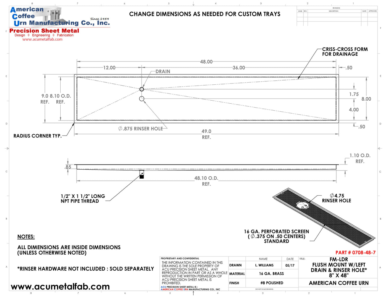 Flush Mount w/ Left Drain and Rinser Hole 8" X 48" X ¾" Drip Tray | Recessed | Brass
