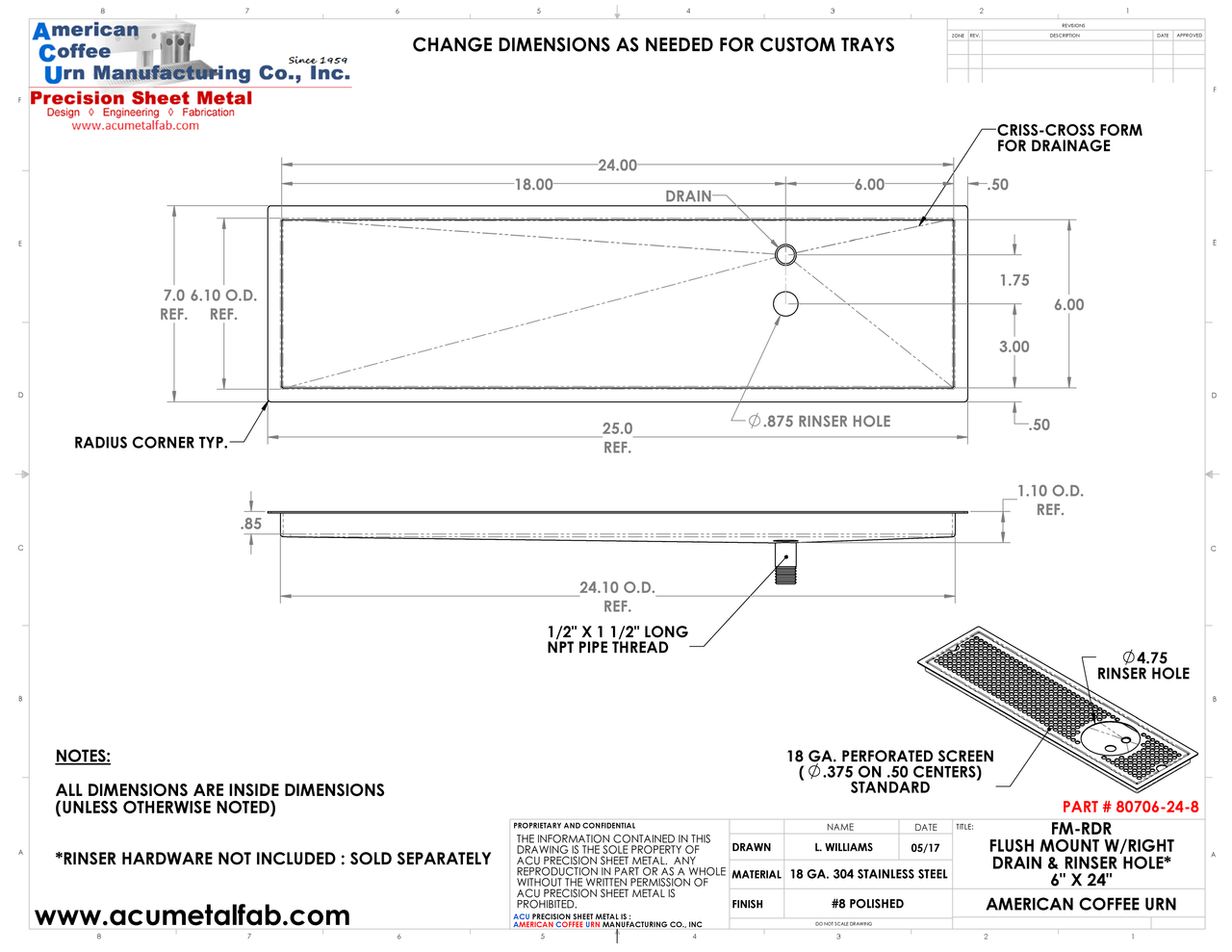 Flush Mount w/ Right Drain and Rinser Hole 6" X 24" X ¾" Drip Tray | Recessed | S/S # 8