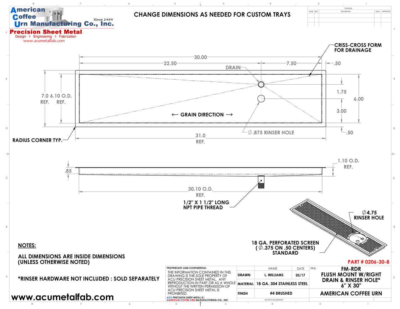 Flush Mount w/ Right Drain and Rinser Hole 6" X 30" X ¾" Drip Tray | Recessed | S/S # 4