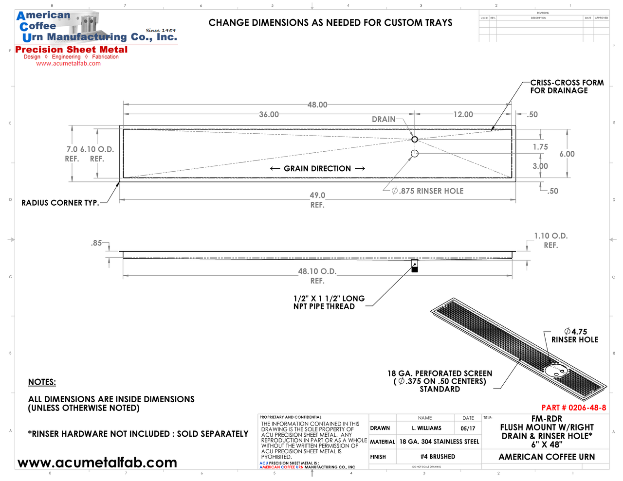 Flush Mount w/ Right Drain and Rinser Hole 6" X 48" X ¾" Drip Tray | Recessed | S/S # 4