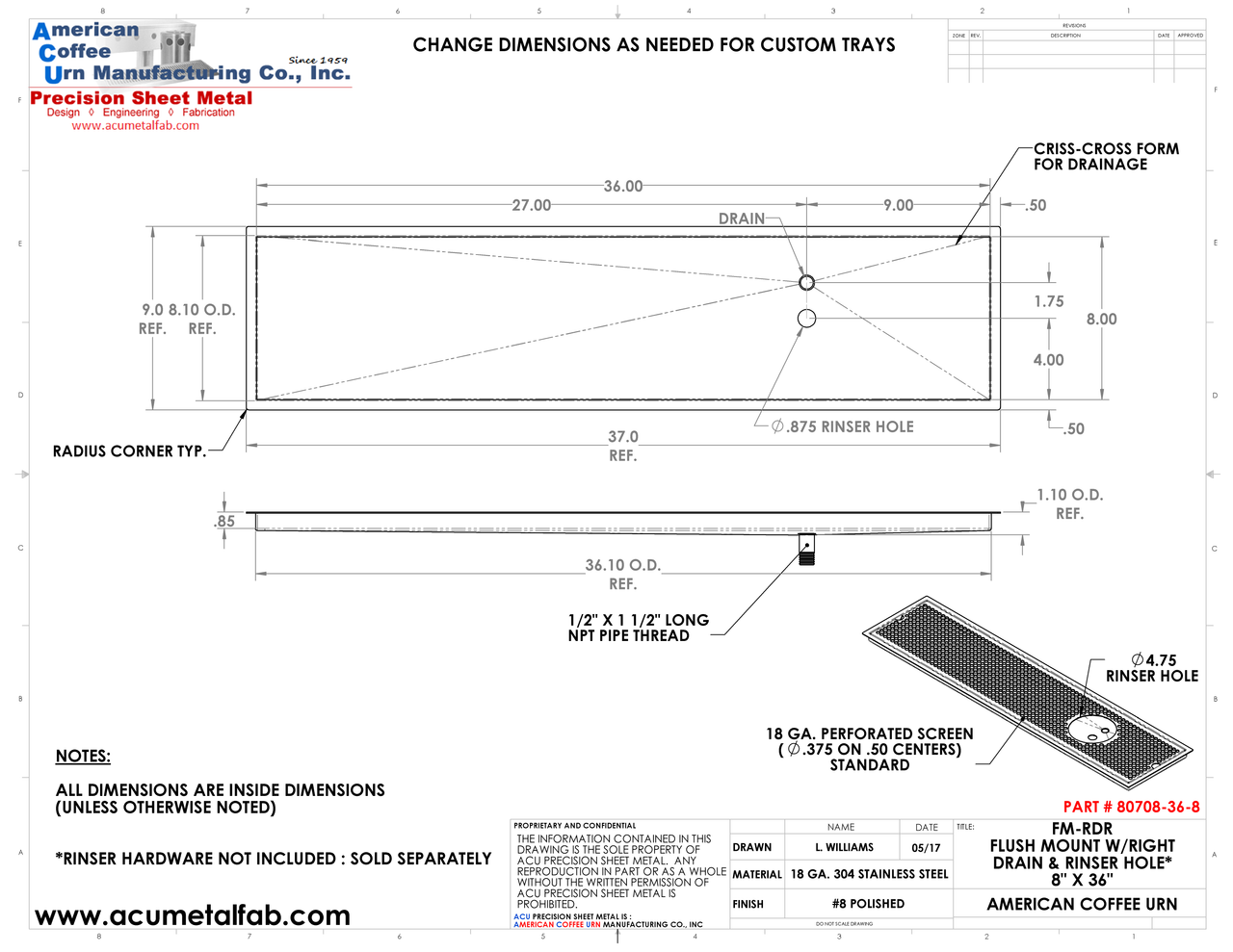 Flush Mount w/ Right Drain and Rinser Hole 8" X 36" X ¾" Drip Tray | Recessed | S/S # 8