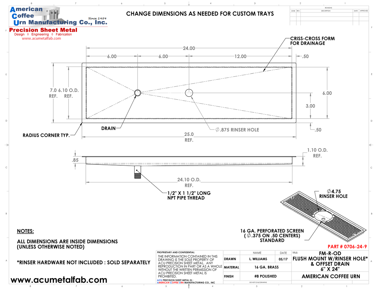 Flush Mount w/ Rinser Hole and Offset Drain 6" X 24" X ¾" Drip Tray | Recessed | Brass