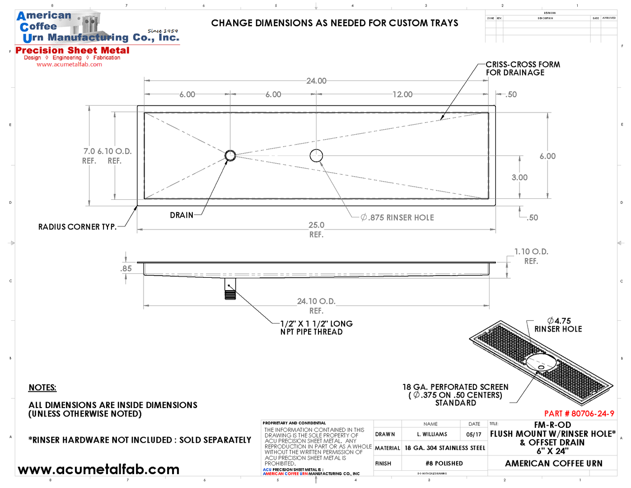 Flush Mount w/ Rinser Hole and Offset Drain 6" X 24" X ¾" Drip Tray | Recessed | S/S # 8