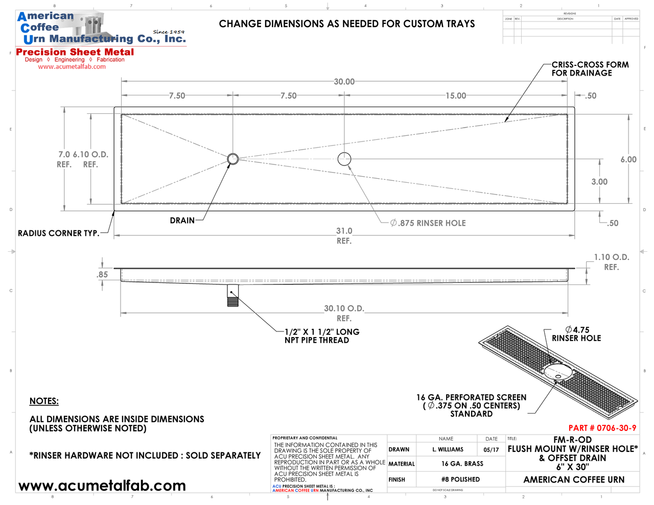 Flush Mount w/ Rinser Hole and Offset Drain 6" X 30" X ¾" Drip Tray | Recessed | Brass