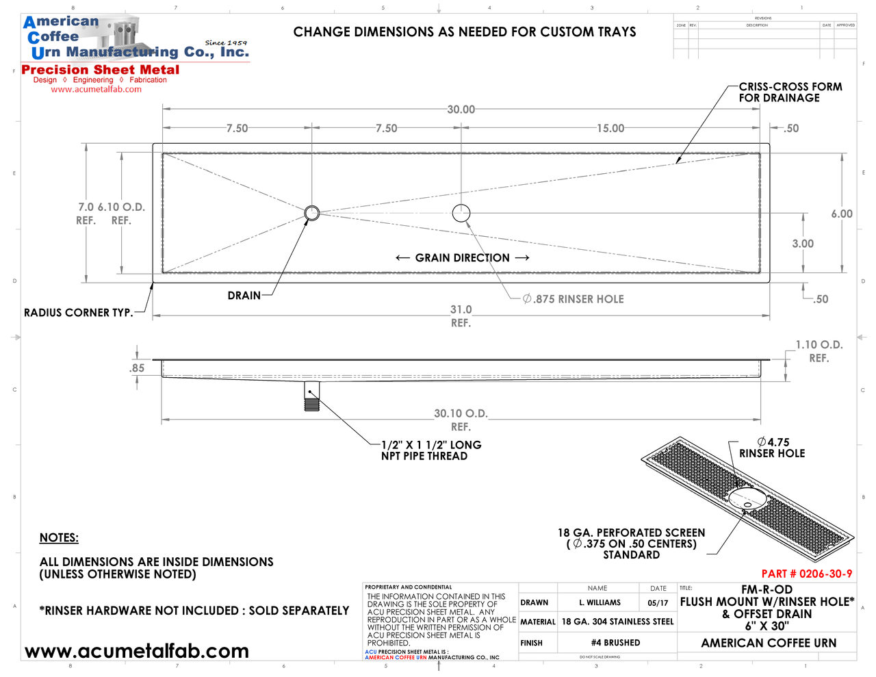 Flush Mount w/ Rinser Hole and Offset Drain 6" X 30" X ¾" Drip Tray | Recessed | S/S # 4