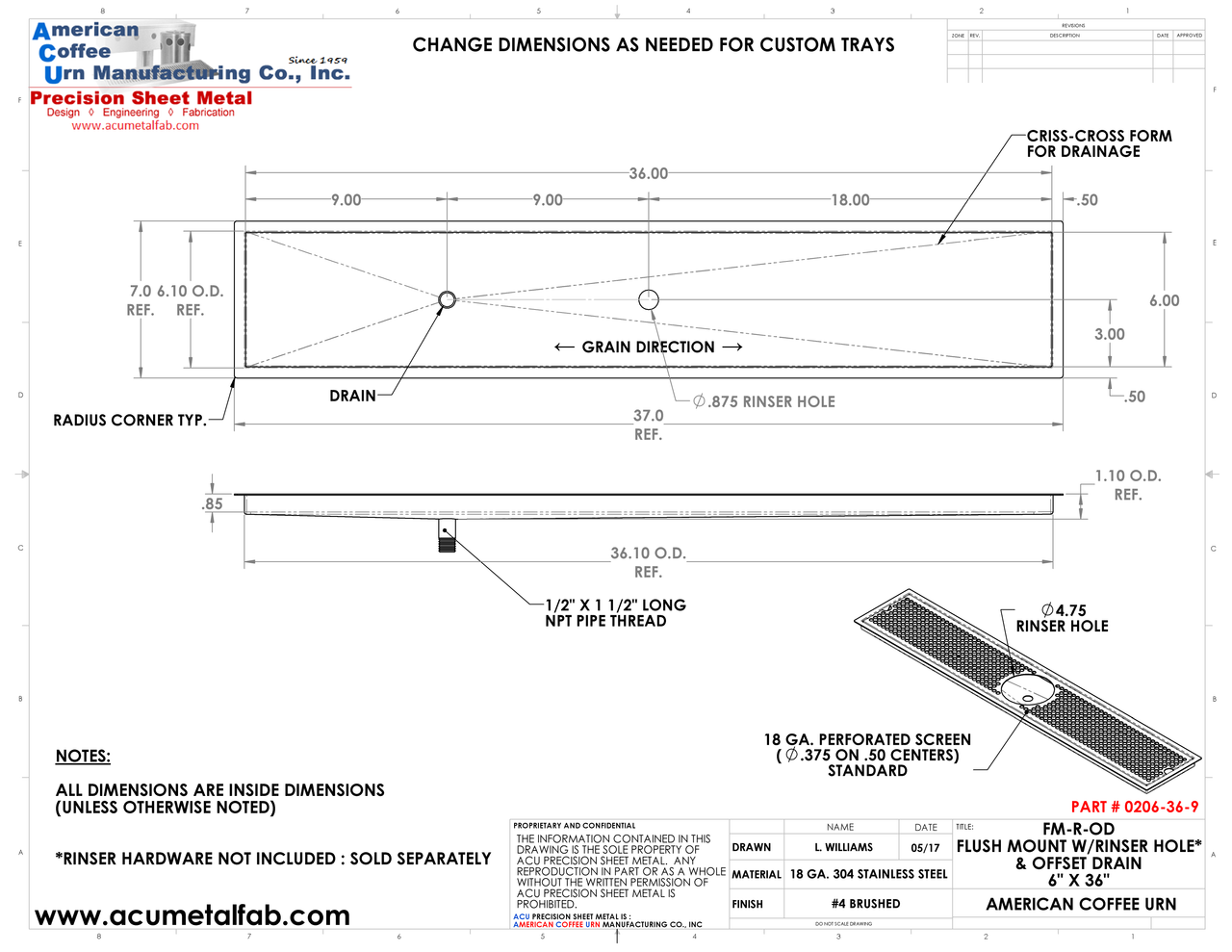 Flush Mount w/ Rinser Hole and Offset Drain 6" X 36" X ¾" Drip Tray | Recessed | S/S # 4