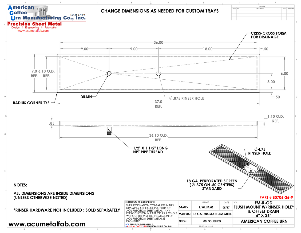 Flush Mount w/ Rinser Hole and Offset Drain 6" X 36" X ¾" Drip Tray | Recessed | S/S # 8