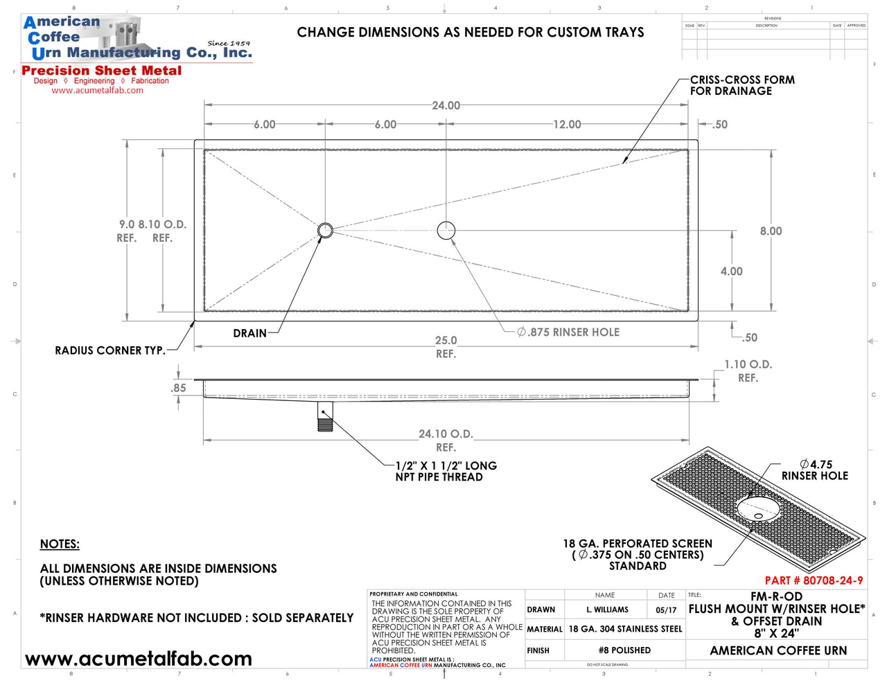Flush Mount w/ Rinser Hole and Offset Drain 8" X 24" X ¾" Drip Tray | Recessed | S/S # 8