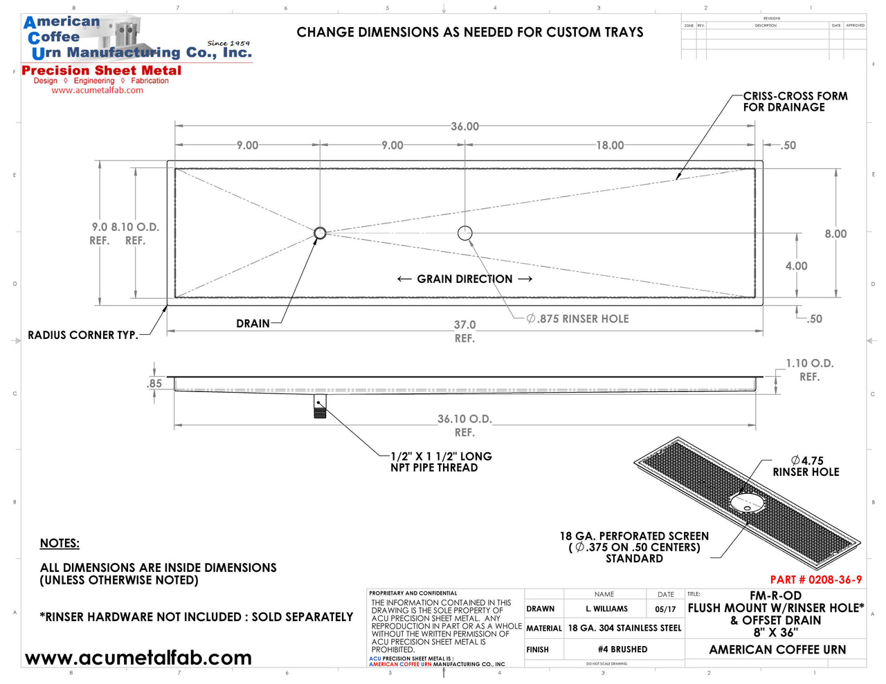 Flush Mount w/ Rinser Hole and Offset Drain 8" X 36" X ¾" Drip Tray | Recessed | S/S # 4