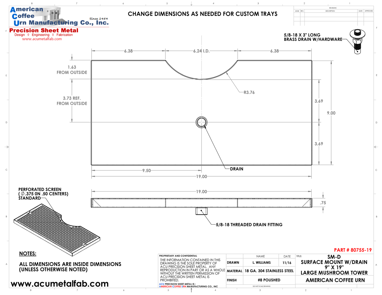 19" Surface Mount Tray, 7.5" Column | Mushroom Tray| Mirror Stainless