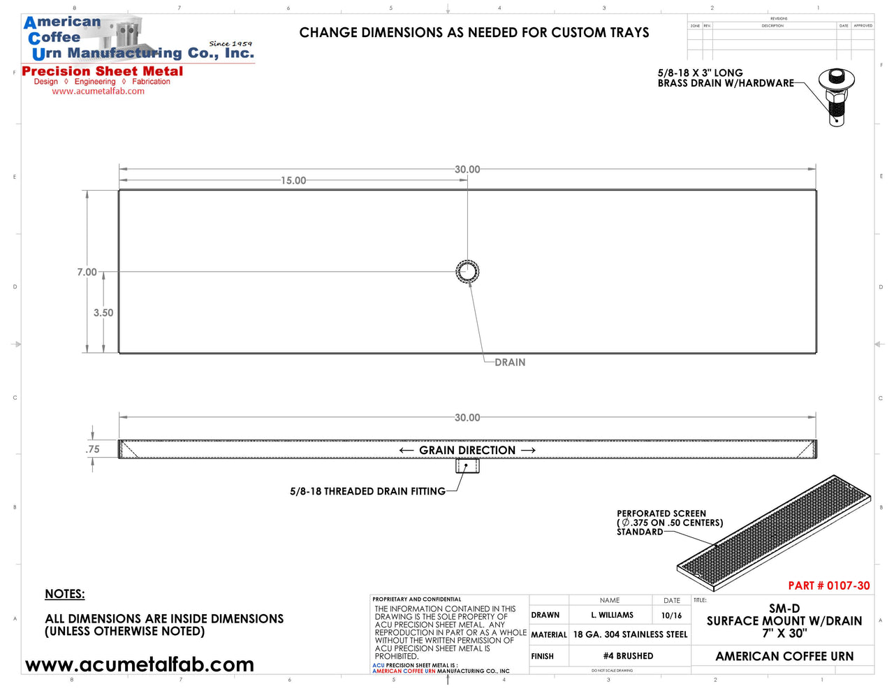 7" X 30" Surface Mount Drip Tray with Drain | S/S#4