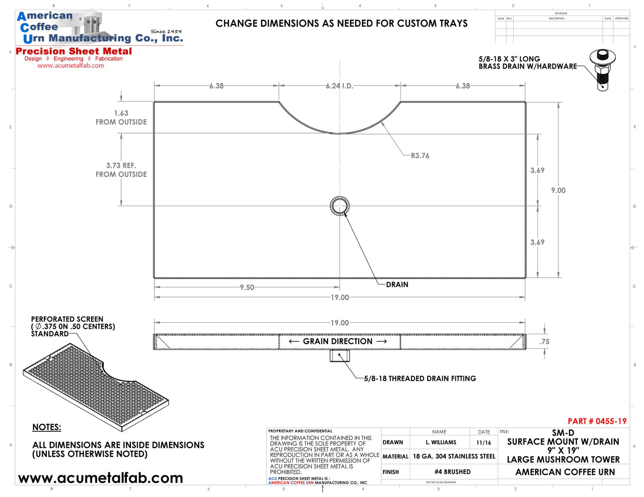 19" Surface Mount Cut-Out Drain Tray, 7" Column | Mushroom Tower Tray| SS#4