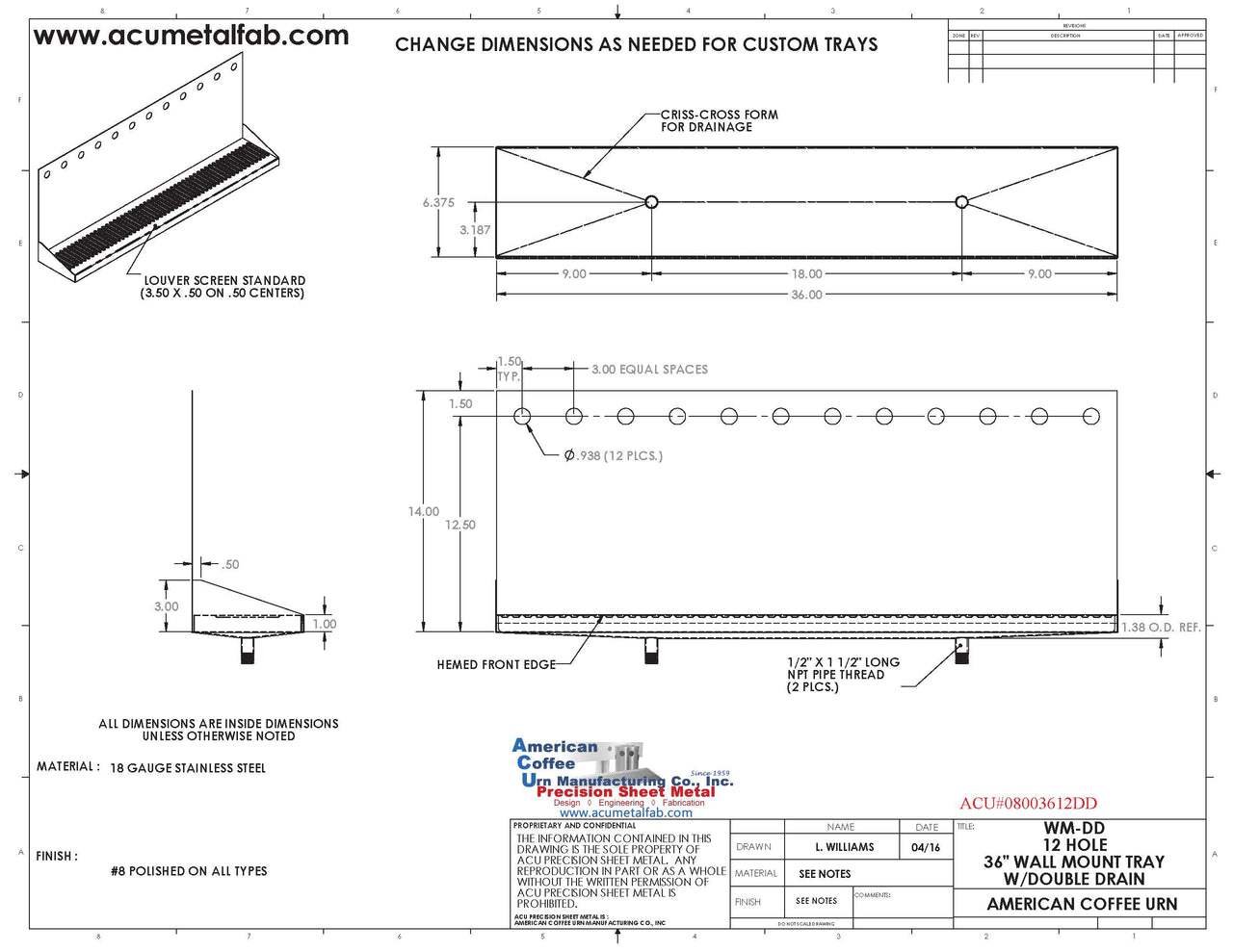 Wall Mount Drip Tray with Double Drains | 6-3/8" X 36" X 14" X 1" | Stainless Steel Mirror Finish | 12 Faucet Holes
