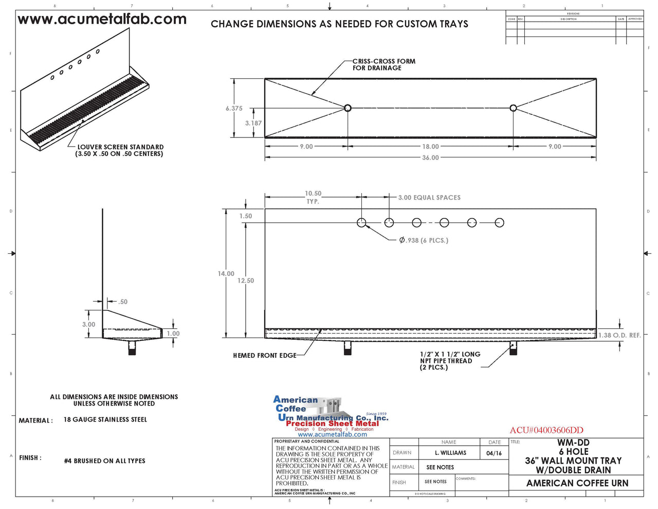 Wall Mount Drip Tray with Double Drains | 6-3/8" X 36" X 14" X 1" | S/S # 4 | 6 Faucet Holes