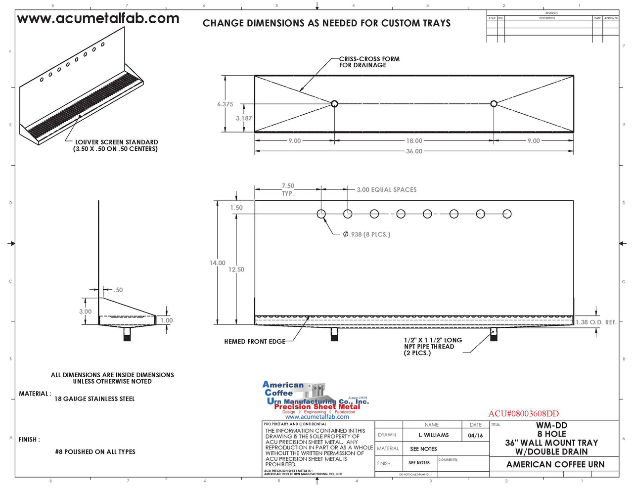 Wall Mount Drip Tray with Double Drains | 6-3/8" X 36" X 14" X 1" | Stainless Steel Mirror Finish | 8 Faucet Holes
