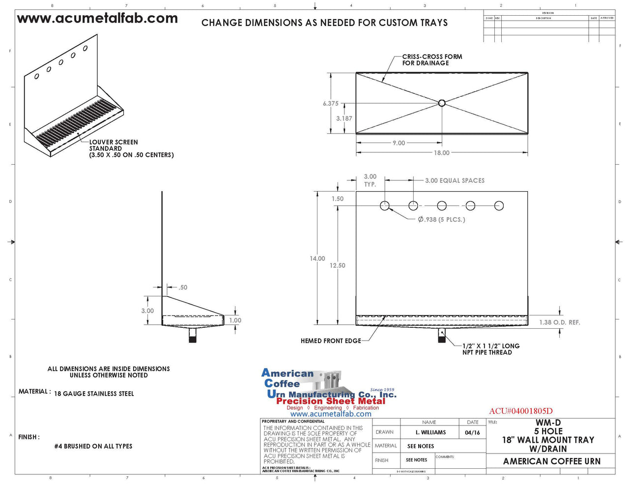 Wall Mount Drip Tray with Drain | 6-3/8" X 18" X 14" X 1" | S/S # 4 | 5 Faucet Holes