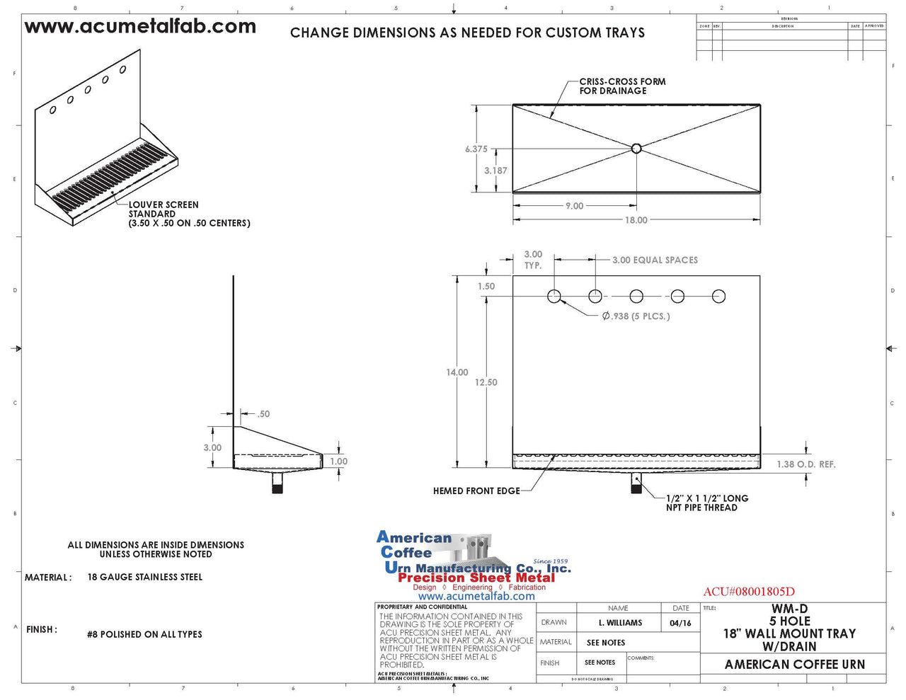 Wall Mount Drip Tray with Drain | 6-3/8" X 18" X 14" X 1" | Stainless Steel Mirror Finish | 5 Faucet Holes