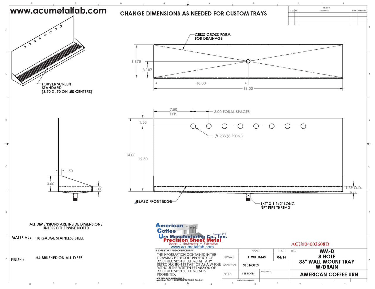 Wall Mount Drip Tray with Drain | 6-3/8" X 36" X 14" X 1" | S/S # 4 | 8 Faucet Holes