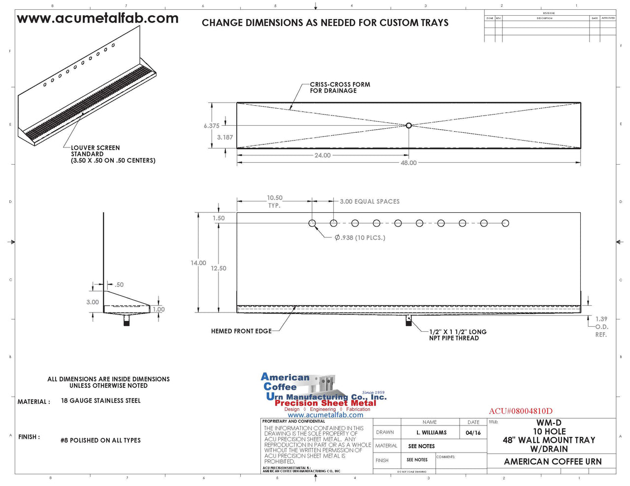 Wall Mount Drip Tray with Drain | 6-3/8" X 48" X 14" X 1" | Stainless Steel Mirror Finish | 10 Faucet Holes