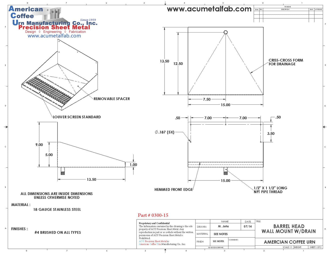 15" Stainless Steel Barrel Head Drip Tray with Drain